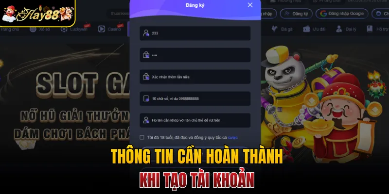 Thông tin cần hoàn thành khi tạo tài khoản
